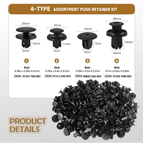 All In One Push Retainer Clips Kit For Honda Acura Accord Civic Fender Liner And Bumper 8mm Hole Replacement 121 Pcs Pack No Fuss Easy Install Compatible With 91501-TR0-003 And 91512-SX0-003, showing 4 types of assorted push retainer clips.