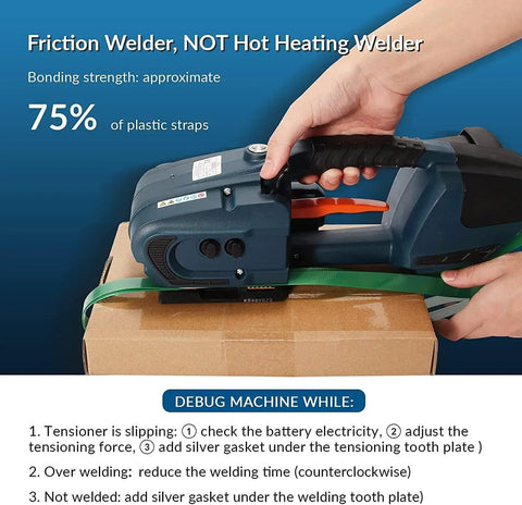 Automatic Hot Melt Electric Strapping Machine With Dual Power Batteries For Sealing Heavy Pp Pet Straps Up To 16Mm Wide on cardboard.