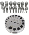 Pro Grade Steel Disc Cutter Set For Jewelry Making with round pendant punch tool and six dies, showcasing 17 interchangeable pieces.