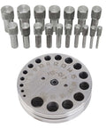 Circle Disc Cutter Set For Jewelry Making And Metal Forming, includes 17 steel dies, pro steel punch die tray visible from top view.