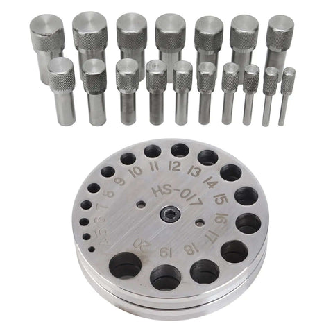 Disc Cutter Set For Jewelry Making And Metal Forming With 17 Dies Pro Grade Steel Punch Tool displayed with round dies.