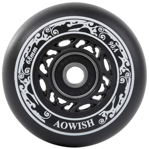 Close-up of 68mm Inline Skate Wheels Set For Outdoor Asphalt, 90A Hardness With ABEC-9 Bearings And Floating Spacers.