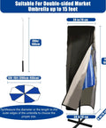 Beefed Up 420D Waterproof Patio Umbrella Cover For Double Sided 13 To 15 Ft Market Umbrellas, windproof, UV resistant, shown on stand