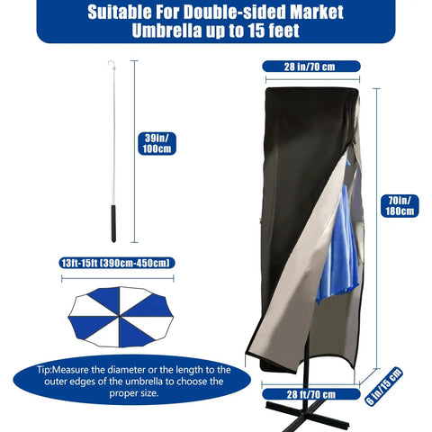 Beefed Up 420D Waterproof Patio Umbrella Cover For Double Sided 13 To 15 Ft Market Umbrellas, windproof, UV resistant, shown on stand