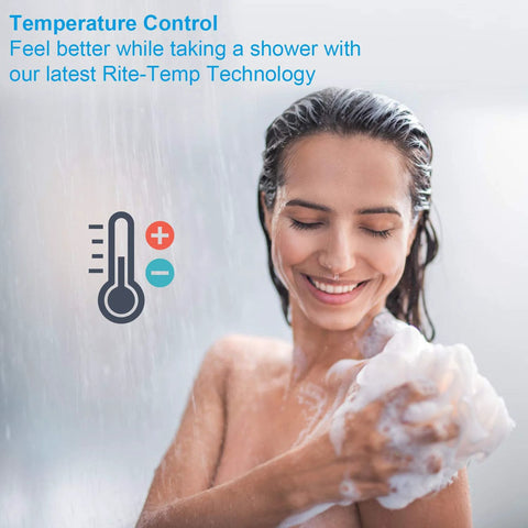 Woman enjoying shower with universal shower valve cartridge replacement for temperature control