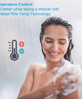Woman smiling while showering with pressure balancing cartridge kit using Rite-Temp technology.