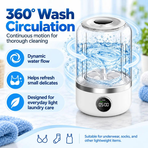 Compact Cordless Mini Washing Machine Rechargeable Portable Spin Action For Underwear Socks And Delicates On Apartments Dorms And Travel Adventures With No Heavy Lifting Just Toss And Go For Fresh Threads With Ease featuring 360° wash circulation.