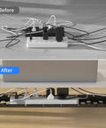Before and after of extendable under desk cable tray with clamp mount, showing organized cords in metal tray for tidy workspace.