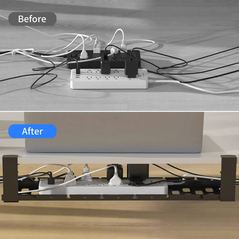 Before and after of extendable under desk cable tray with clamp mount, showing organized cords in metal tray for tidy workspace.