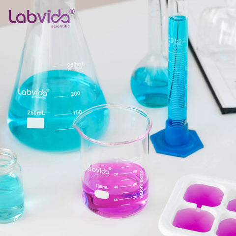 Colorful lab setup with 50ml beaker from Six Pack 50Ml Thick Glass Beaker Set With 3.3 Boro Borosilicate Double Scale for experiments