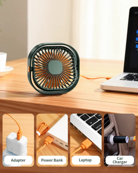 4 Inch USB Desk Fan With 3 Speed Portable Mini Cooling Fan And 360 Degree Rotatable Head connected to power sources