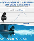 Diagram of Mercury engine 14x19 propeller with OEM-grade diameter and pitch; right-hand rotation highlighted underwater.
