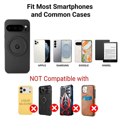 Magnetic Phone Mount With Sticky Base For PopSocket And Kindle, MagSafe Compatible, image showing compatible phones and cases