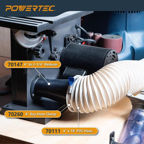 4 Inch To 2 1/4 Inch Hose Reducer Adapter For Dust Collection Systems, showing adapter connecting to a tabletop saw.
