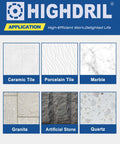 Material types used with 13-Piece Diamond Tile Hole Saw Kit for Ceramic Porcelain Granite Marble, includes images of tiles.
