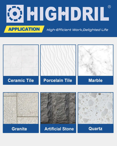 Material types used with 13-Piece Diamond Tile Hole Saw Kit for Ceramic Porcelain Granite Marble, includes images of tiles.