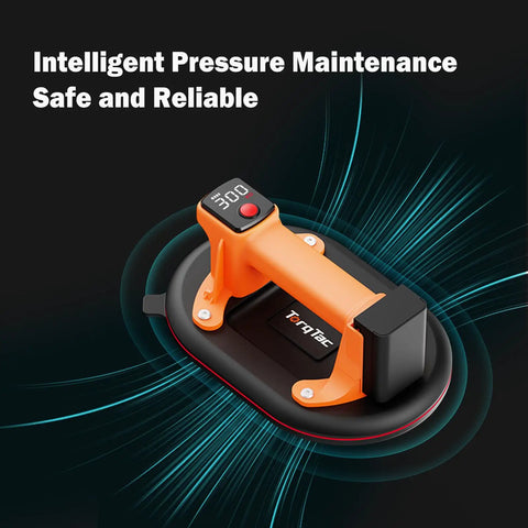 TorqTac 10 Inch Electric Vacuum Suction Cup Lifter With 662 Lbs Heavy Duty Load Capacity, showing pressure gauge and handle.