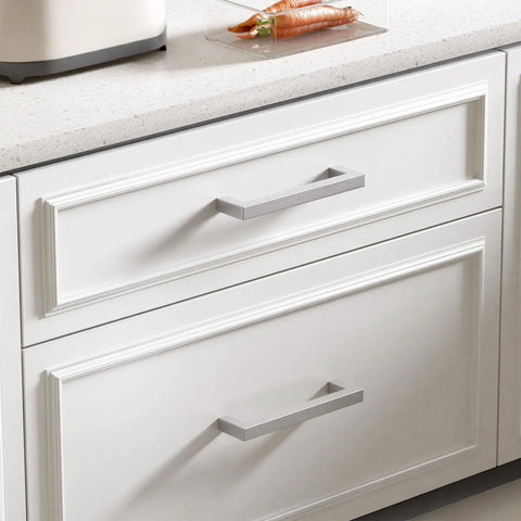 Top Shelf Slick Brushed Nickel Cabinet Pulls And Drawer Handles on white cabinets, 7.5 inch smooth grip, rust resistant design