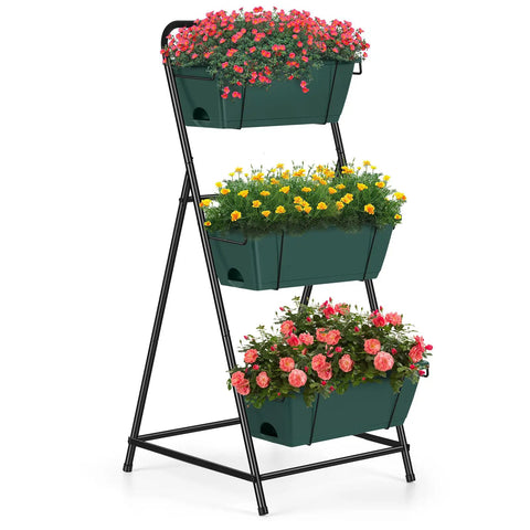 3 Tier Vertical Raised Garden Bed Standing Planter Box For Vegetables Herbs And Flowers Indoor Outdoor Space Saving Garden Organizer In Green Easy Assembly Ready To Go For Any Balcony Or Patio And Built To Last showing flowers