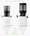 Comparison of J2 and J3 models of Nama J2 Cold Press Juicer Hands Free White Self Feeding Hopper For Fruits And Vegetables.