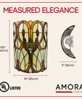 Two Light Tiffany Style Wall Lamp With Stained Glass In Brown Yellow Red Dope Vintage Vibe For Bedroom Or Living Room Ten Inch Wide And Thirteen Point Five Inch Tall Up And Down Lighting Gift Idea with measurements
