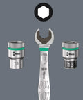 Joker Ratcheting Combination Set 6 Piece With Ultra Fine 80 Tooth Ring Ratchet, wrench and sockets displayed