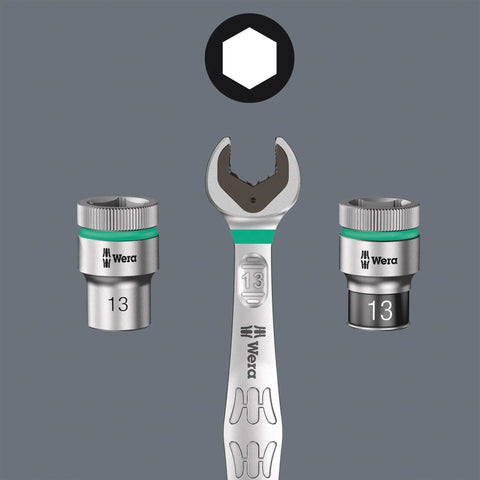 Joker Switch Ratcheting Combination Wrench Set Four Piece Angled Jaw Design With Locking Mechanism displayed with two attachments.