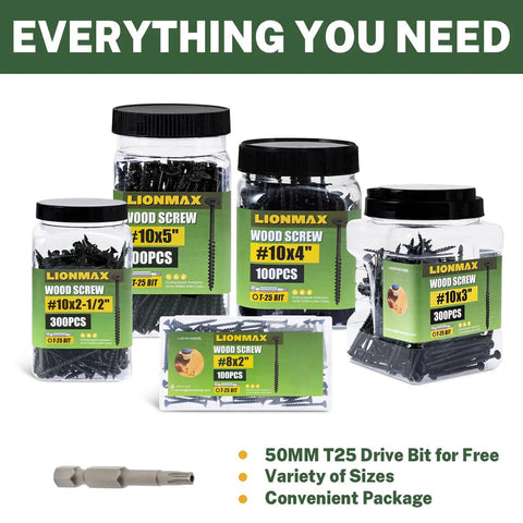 Top Shelf Exterior Deck Screws 4 Inch 10 X 4 Star Torx Drive With Black Anti Rust Coating 50 Piece Pack shown in various sizes.