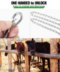 2 Pack Outdoor Gate Chain Lock with Four Carabiners, Adjustable 28 Inch, Stainless Steel, shown with one-hand operation in barn setting