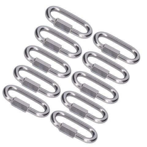 Stainless Steel Quick Link Connectors Set, Heavy Duty Threaded Carabiner Style Chain Links, M4 size, 10-pack displayed.