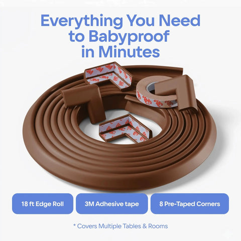 All In One Baby Proofing Kit With 18ft Edge Protectors And 8 Corner Guards Non Toxic Soft Rubber Foam Brown with 3M Adhesive