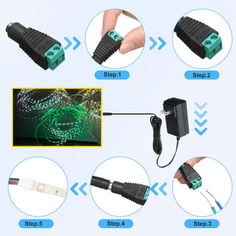 10 Pack 12V DC LED Power Supplies 24W 2A Switching Adapters From 120V AC To 12V DC For LED Strip Lights With 5.5mm By 2.1mm Female Barrel Connectors Great For High Output LED Projects. Black 12V DC power adapter with screw terminal and LED strip wiring