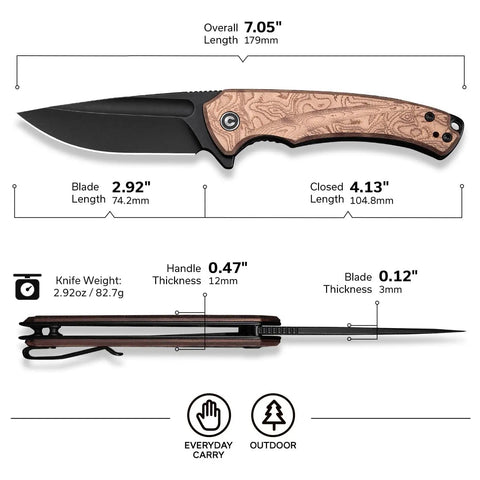 Kickass EDC Folding Knife With Beefy Liner Lock And Sick Copper Drip G10 Handle Featuring Razor Sharp 14C28N Steel Blade, dimensions shown.