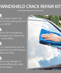 Hand using cloth on windshield with Windshield Crack Repair Kit 2026 Upgraded Nano Resin Formula, glass repair instructions.