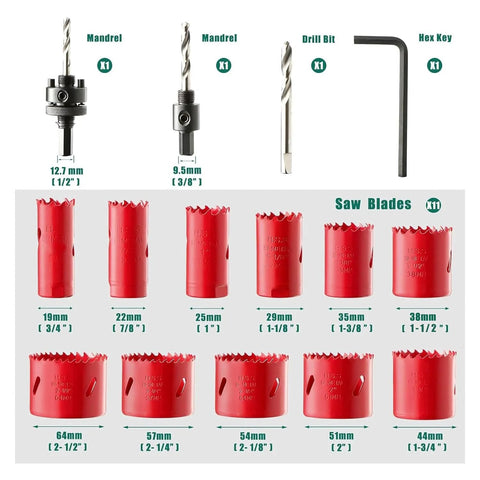 HYCHIKA 17-pc bi-metal hole saw kit with case, mandrels, drill bit set for metal, PVC and plastic