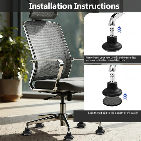 Installation instructions for Straight Up Chair Wheel Stoppers 5 Pack Bell Glide Casters on an office chair.