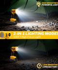 Cordless LED Work Light With Beefy 1000 Lumen Beam illuminating a tent, showing handheld flashlight with 140 degree rotating angle.