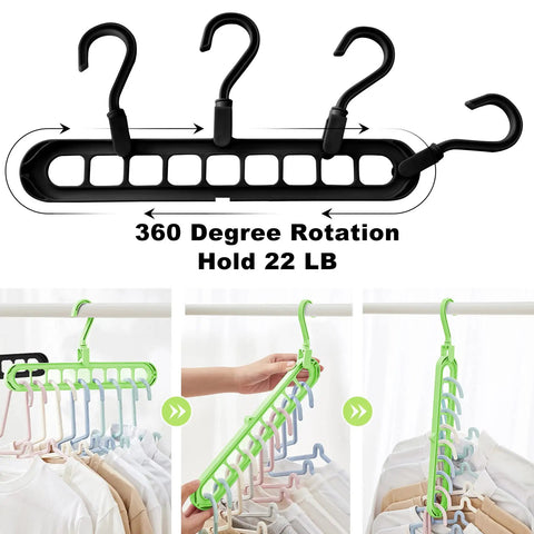 Six Pack Space Saving Closet Hangers For Dorm Rooms, Heavy Duty 9-Hole Wardrobe Organizers, multiple colors shown in use