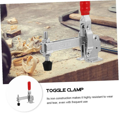 Two Piece Welding Fixed Toggle Clamps With Rubber Tips Pro Grade Heavy Duty Metal Hold Down Clamps in use on wooden bench.