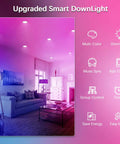 10 Pack 9W Color Changing LED Recessed Lights 4 Inch Dimmable Ceiling Retrofit Smart Lights With Bluetooth Mesh Control 70W Equivalent Easy Install Compatible With Alexa And Google Assistant lighting a modern living room with app control icons.