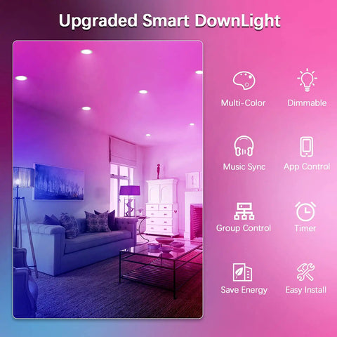 10 Pack 9W Color Changing LED Recessed Lights 4 Inch Dimmable Ceiling Retrofit Smart Lights With Bluetooth Mesh Control 70W Equivalent Easy Install Compatible With Alexa And Google Assistant lighting a modern living room with app control icons.