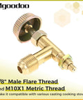 Three Eighths Inch Male Flare Propane Gas Inlet Valve Kit For Range Stoves With Needle Control, brass valve with M10X1 thread