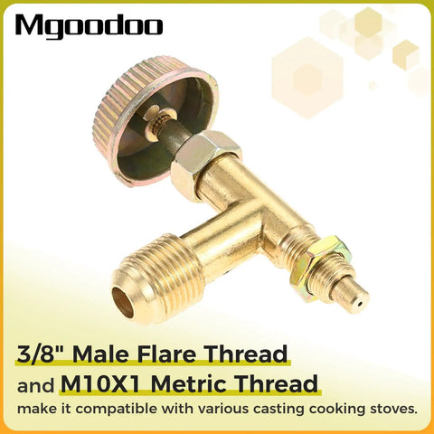 Three Eighths Inch Male Flare Propane Gas Inlet Valve Kit For Range Stoves With Needle Control, brass valve with M10X1 thread