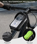 Waterproof Bike Frame Bag with 3D EVA Hard Shell and Sealed Zipper Top Tube Phone Holder Pouch in rain with cover