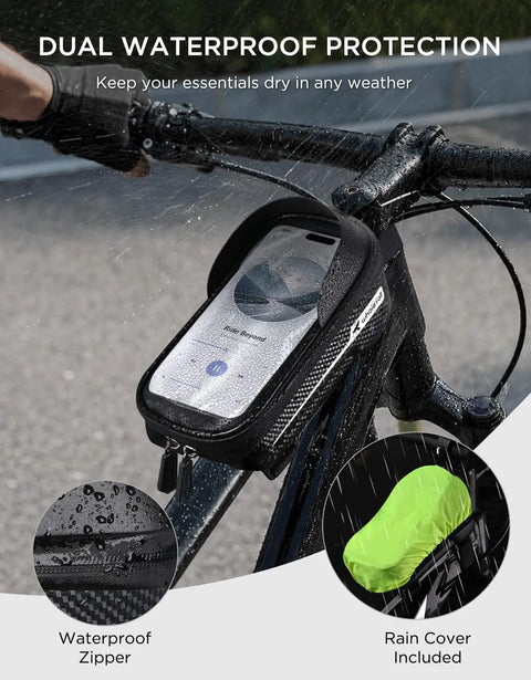 Waterproof Bike Frame Bag with 3D EVA Hard Shell and Sealed Zipper Top Tube Phone Holder Pouch in rain with cover