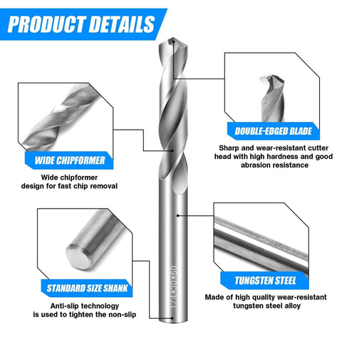 Four-piece solid carbide drill bit set (1/16, 1/8, 3/16, 1/4 in) with tungsten carbide tips