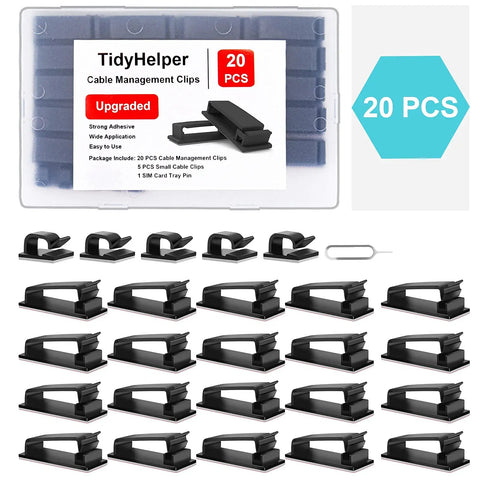 Large Cable Management Clips For Under Desk Cable Organization No Mess Wire Clips For Computer PC Network TV Ethernet Cables Strong PA66 Material With Upgraded Adhesive 20 Pack showing 20 black clips and packaging.