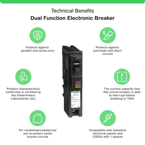 Image of Homeline Plug On Neutral 15 Amp Single Pole CAFCI And GFCI Circuit Breaker showing technical benefits and features for 120V homes.