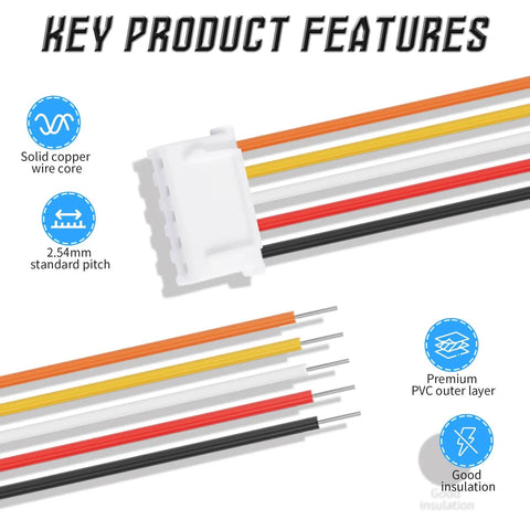 Close-up of 5 Pack 12 Inch Flat Ribbon Jumper Wires 5 Pin Single Head Two Point Five Four Millimeter Pitch with labeled features
