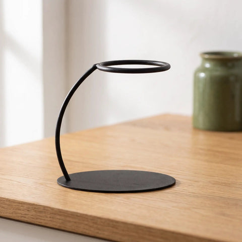 Heavy Duty Coffee Filter Holder Funnel Stand With Slick Black Iron Base For Hands Free Drip Pour Over Brewing on wooden table